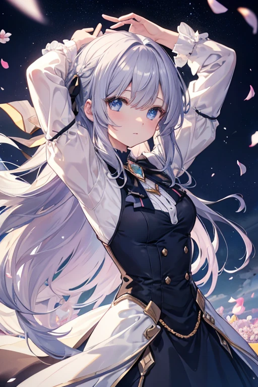(Dynamic Angle: 1.3), Wind, Movie Highlight, Tyndall Effect, 1 Girl, Upper Body, Arms Up, Look at the Audience, Extreme Close Up, violet_evergarden, Solo, Jewelry, Expressionless, Brooch, silver_hair, ( Vevry Long Hair: 1.2), messy_hair, Floating hairlong_sleeves, Ribbon, blue_eyes, Jacket, Dress, Gemstone, hair_ ribbon, sky, depth_of_field, flower fields, fluttering petals