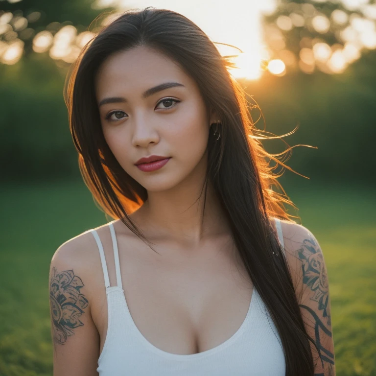 ((best quality, 8k, Masterpiece :1.3)), Sharp focus :1.2, 30 year old sexy woman Long hair flows up and down with the wind. Has a sexy little smile Red tank top, very large breasts, soaked wet, white tattoos, bright colors, perfect body beauty.:Action action in front of the camera. Outdoors in the countryside, the sun near sunset sparkles., Highly detailed faces and textures, Detailed eyes, alone, Realistic photos:1.37 .. The fine texture of the tattooed skin.. hand tattoo. Chest tattoo , Shot with a high quality Fuji camera, color 45.,000,000 Chili Cell,
