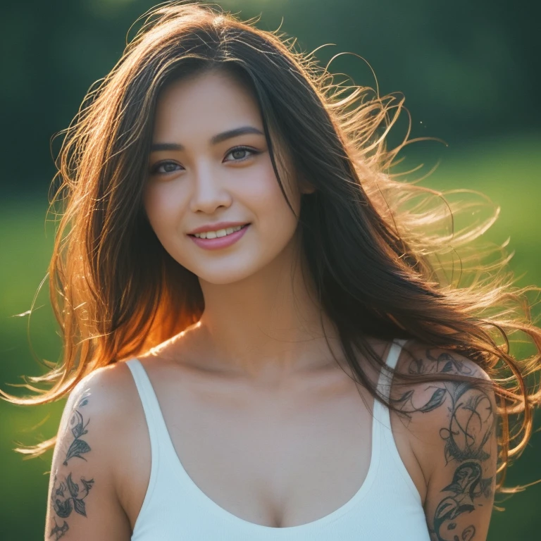 ((best quality, 8k, Masterpiece :1.3)), Sharp focus :1.2, 30 year old sexy woman Long hair flows up and down with the wind. Has a sexy little smile Red tank top, very large breasts, soaked wet, white tattoos, bright colors, perfect body beauty.:Action action in front of the camera. Outdoors in the countryside, the sun near sunset sparkles., Highly detailed faces and textures, Detailed eyes, alone, Realistic photos:1.37 .. The fine texture of the tattooed skin.. hand tattoo. Chest tattoo , Shot with a high quality Fuji camera, color 45.,000,000 Chili Cell,