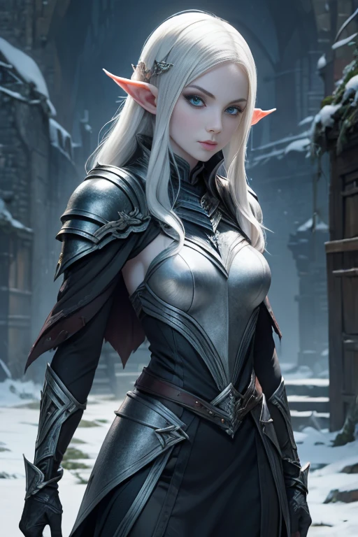 Pale skin, sophisticated, elf, winter armor, glaring at viewer, destroyed village,
