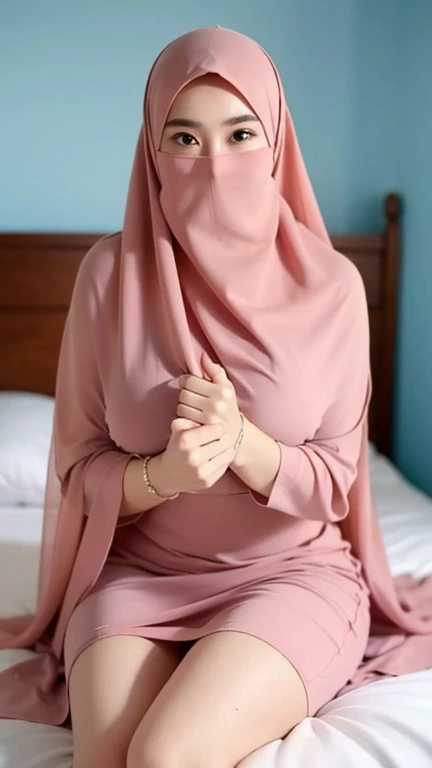  a beautiful young woman hijab, (((super big breast))), (very big breast covered),Large open neckline、thigh legs, perfect face, (((very huge big breast,))), curvy shaped body, 
cleavages,((( Gigantic Breast))), completely naked, showing nipples and pussy, cloth less, (((covering mouth, long veil))), ((Big big breasts))、large open neckline, Slim Face、20 years old, stil young, Pretty Lady,  smile eyes, bedroom, sitting, (big breast open) , see full image