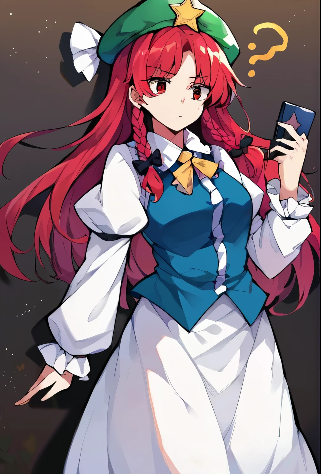 source_anime, (2d), score_9, score_8_up, score_7_up, score_6_up, score_5_up, score_4_up, solo, 1girl, standing, holding phone, looking at phone, :o, hong_meiling_touhou, braid, long_hair, red_hair, twin_braids, star_\(symbol\), hat, hat_ornament, star_hat_ornament, beret, bow, bangs, blue_eyes, breasts, hair_bow, ribbon, green_headwear, confused, raised eyebrow, cowboy shot