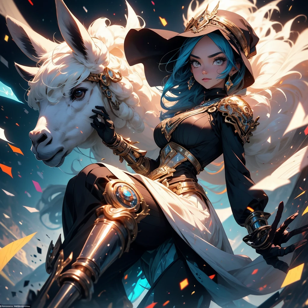 (a busty malaysian woman:1.1,40 years old:1.1, busty:1.1,hijab:1.1,alpaca themed:1.1,superhero costume:1.1) striking heroic poses, performing incredible feats of strength, and exuding an aura of power. Her captivating eyes shine with determination, and her graceful lips form a confident smile. The intricate details of her face and physique are meticulously rendered, showcasing her robust beauty. She stands tall and proud, her majestic hijab flowing in the wind. The hijab is adorned with vibrant patterns inspired by the majestic alpaca, creating a visually stunning contrast. The exquisite fabric drapes elegantly around her, adding a touch of grace to her heroic presence. Her attire embodies the spirit of a superhero, with an alpaca theme that adds a unique twist. The costume features a sleek blend of modern and steam punk elements, embracing a futuristic aesthetic. It is crafted with the finest materials, accentuating her formidable figure and enhancing her aura of strength. Beside her stands her loyal sidekick, a steam punk alpaca. This anthropomorphic creature exudes undeniable charm with its gears, pipes, and intricate mechanical elements. It serves as a perfect companion for the Malaysian heroine, complementing her bravery and adding a touch of whimsical steampunk flair to the scene. The scene itself is bathed in vibrant colors and contrast, with vivid hues that reflect the hero's energy and determination. The lighting creates a dramatic atmosphere, accentuating her heroic poses and creating a sense of awe-inspiring grandeur. With the utmost attention to detail and the highest quality, this artwork seamlessly combines realism and fantastical elements to create a truly breathtaking masterpiece. As the viewer gazes upon this visually stunning depiction, they are transported into a world where strength, diversity, and heroism intertwine.