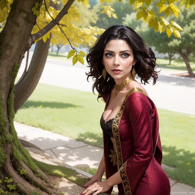 Masterpiece, best quality, detailed face, Mother Gothel, long red dress, black hair, cleavage, looking at viewer, sexy smirk, next to a tree, cowboy shot