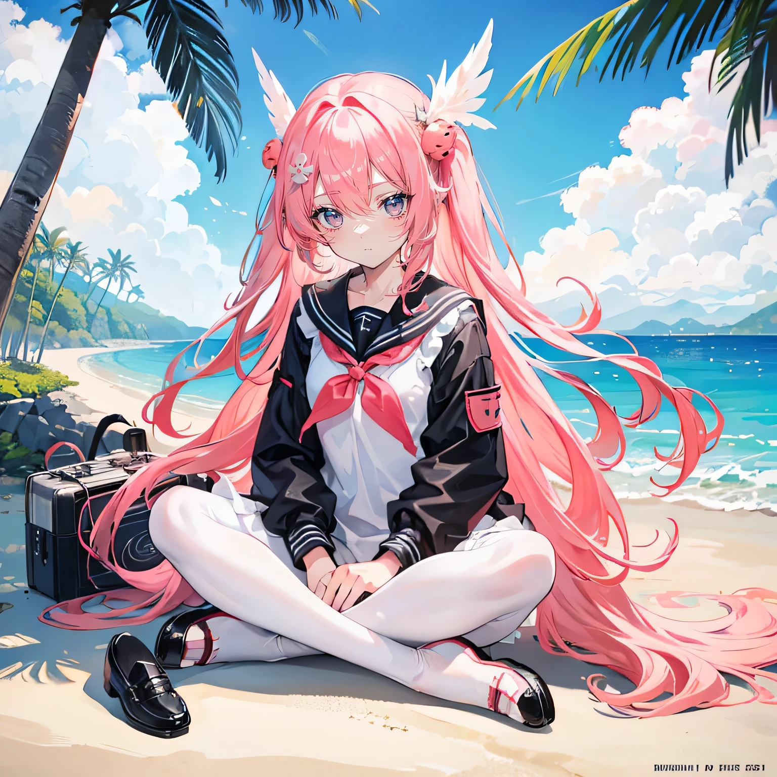 Coral pink hair，Long hair，hair over one eye，Gray eyes，feather hair ornament，cute，Girl，Black sailor suit，Small leather shoes，White silk pantyhose，whole body，sit on the floor，Don't show your arms，The background is the beach，Blue sky and white clouds