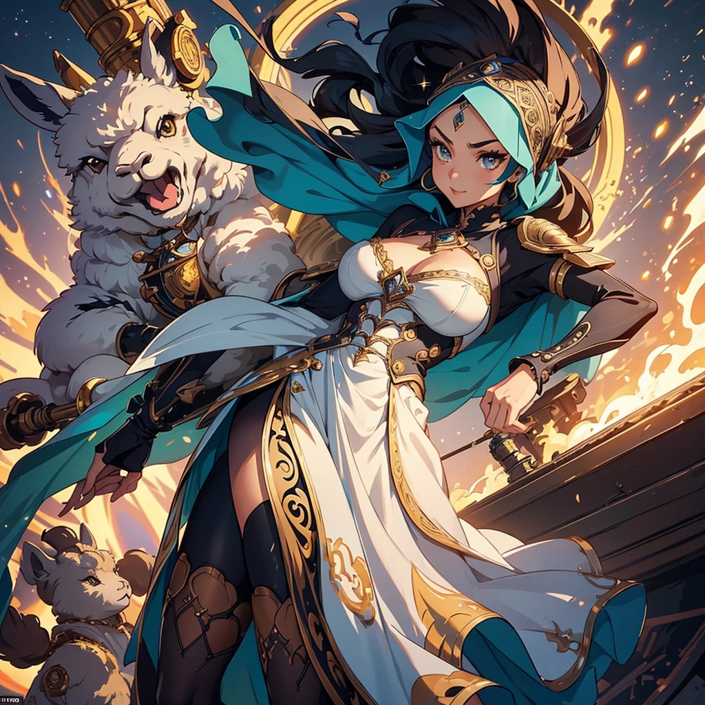 (a busty malaysian woman:1.1,40 years old:1.1, busty:1.1,hijab:1.1,alpaca themed:1.1,superhero costume:1.1) striking heroic poses, performing incredible feats of strength, and exuding an aura of power. Her captivating eyes shine with determination, and her graceful lips form a confident smile. The intricate details of her face and physique are meticulously rendered, showcasing her robust beauty. She stands tall and proud, her majestic hijab flowing in the wind. The hijab is adorned with vibrant patterns inspired by the majestic alpaca, creating a visually stunning contrast. The exquisite fabric drapes elegantly around her, adding a touch of grace to her heroic presence. Her attire embodies the spirit of a superhero, with an alpaca theme that adds a unique twist. The costume features a sleek blend of modern and steam punk elements, embracing a futuristic aesthetic. It is crafted with the finest materials, accentuating her formidable figure and enhancing her aura of strength. Beside her stands her loyal sidekick, a steam punk alpaca. This anthropomorphic creature exudes undeniable charm with its gears, pipes, and intricate mechanical elements. It serves as a perfect companion for the Malaysian heroine, complementing her bravery and adding a touch of whimsical steampunk flair to the scene. The scene itself is bathed in vibrant colors and contrast, with vivid hues that reflect the hero's energy and determination. The lighting creates a dramatic atmosphere, accentuating her heroic poses and creating a sense of awe-inspiring grandeur. With the utmost attention to detail and the highest quality, this artwork seamlessly combines realism and fantastical elements to create a truly breathtaking masterpiece. As the viewer gazes upon this visually stunning depiction, they are transported into a world where strength, diversity, and heroism intertwine.