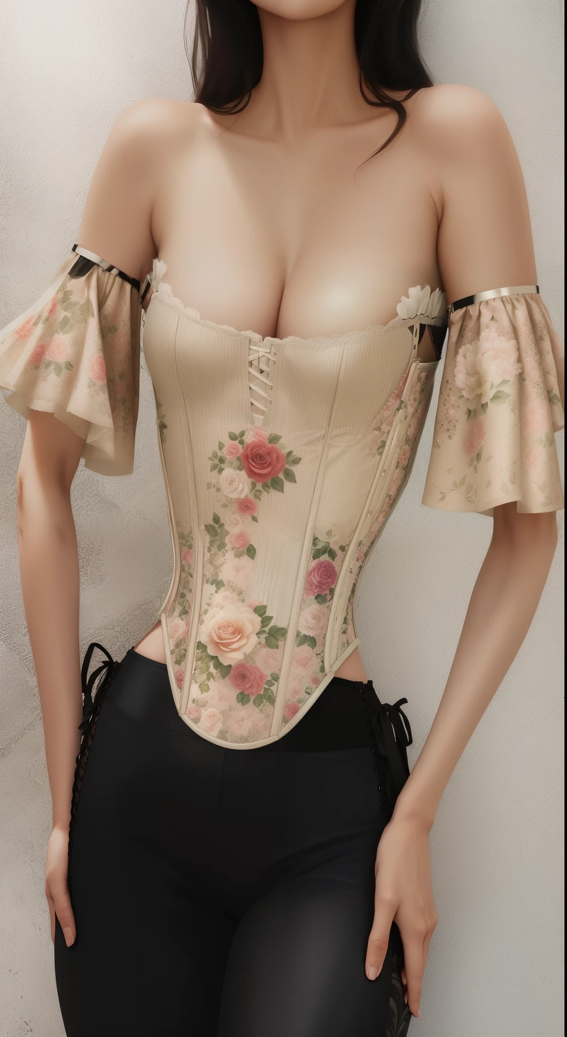 a close up of a woman wearing a corset and black pants, corset, corsets, elegant corset, fancy top, floral, wearing a cute top, cute top, brown corset, detached sleeves, very tight corset, croptop, femme, puff sleeves, wearing a designer top, gorgeous lady, beautiful aesthetic, floral!, wearing corset, crop top, floral clothes