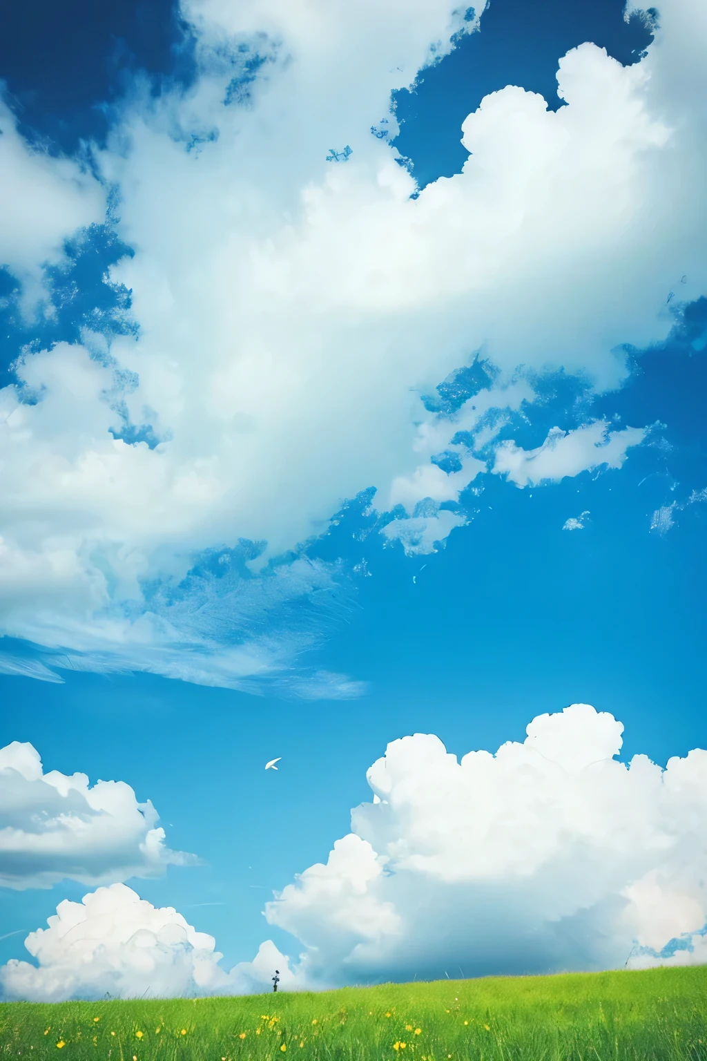 Blue sky、Floating white clouds、A gentle breeze、Green Hill