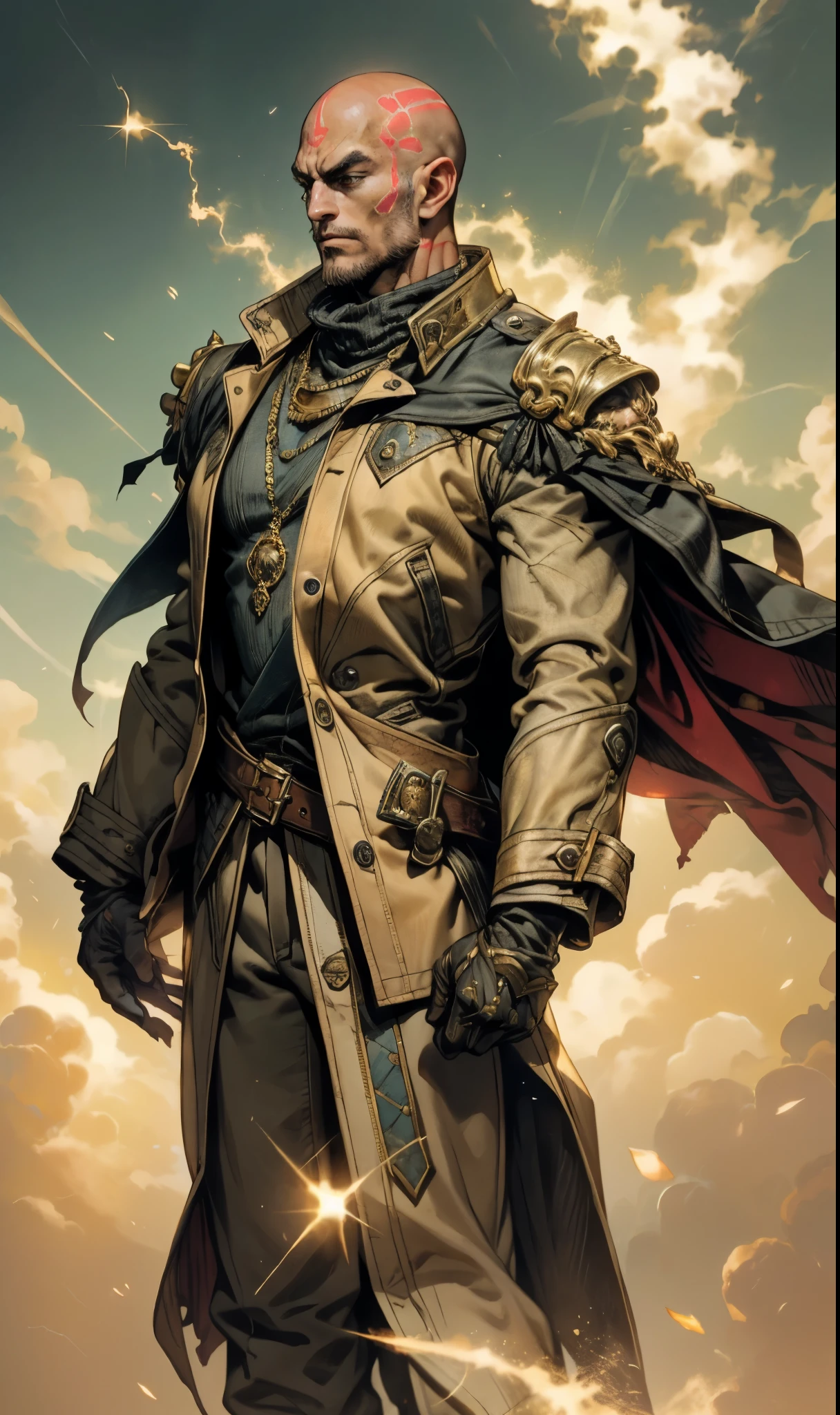 A bald man, red tattoos on his head and face, wise gaze, charismatic features, sturdy yet slender figure, a fantasy-style tight-fitting long coat, adorned with luxurious golden decorations on the collar and shoulders and waist, matching loose trousers, his palms emit a radiant glow, encircled by light and electricity, the ground to crack beneath him, this character embodies a finely crafted fantasy martial arts-style overlord in anime style, exquisite and mature manga art style, high definition, best quality, highres, ultra-detailed, ultra-fine painting, extremely delicate, professional, perfect body proportions, golden ratio, anatomically correct, symmetrical face, extremely detailed eyes and face, high quality eyes, creativity, RAW photo, UHD, 32k, Natural light, cinematic lighting, masterpiece-anatomy-perfect, masterpiece:1.5