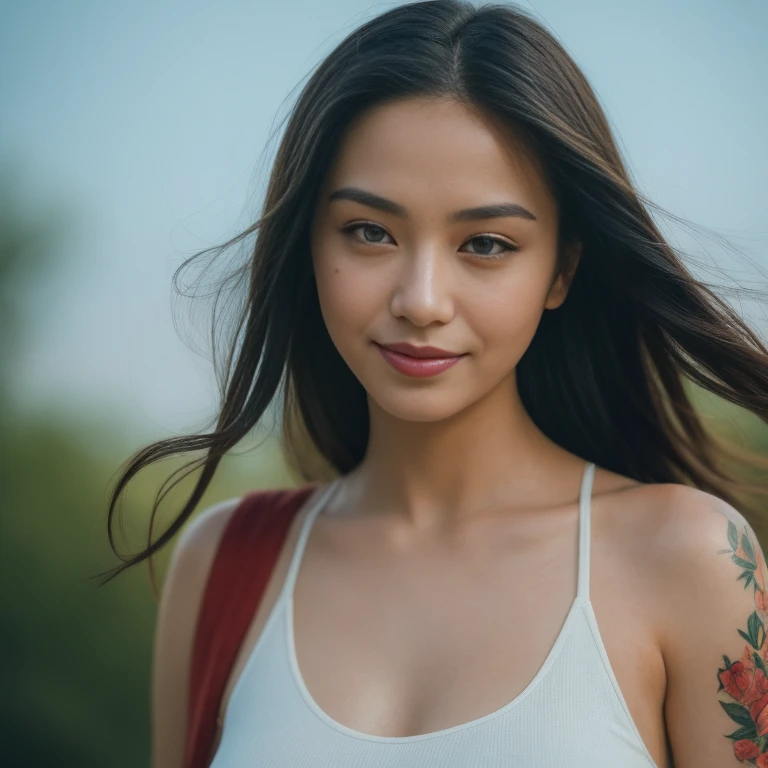 ((best quality, 8k, Masterpiece :1.3)), Sharp focus :1.2, 30 year old sexy woman Standing for a short news walk Long hair flows up and down with the wind. Has a sexy little smile Red tank top, very large breasts, soaked wet, white tattoos, bright colors, perfect body beauty.:Action action in front of the camera. Outdoors in the countryside, the sun near sunset sparkles., Highly detailed faces and textures, Detailed eyes, alone, Realistic photos:1.37 .. The fine texture of the tattooed skin.. hand tattoo. Chest tattoo , Shot with a high quality Fuji camera, color 45.,000,000 Chili Cell,