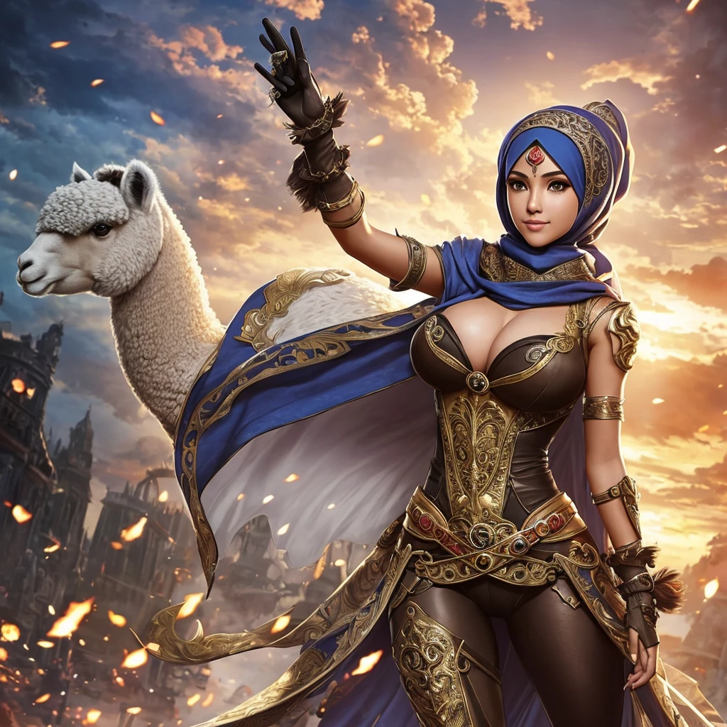 (a busty malaysian woman:1.1,40 years old:1.1, busty:1.1,hijab:1.1,alpaca themed:1.1,superhero costume:1.1) striking heroic poses, performing incredible feats of strength, and exuding an aura of power. Her captivating eyes shine with determination, and her graceful lips form a confident smile. The intricate details of her face and physique are meticulously rendered, showcasing her robust beauty. She stands tall and proud, her majestic hijab flowing in the wind. The hijab is adorned with vibrant patterns inspired by the majestic alpaca, creating a visually stunning contrast. The exquisite fabric drapes elegantly around her, adding a touch of grace to her heroic presence. Her attire embodies the spirit of a superhero, with an alpaca theme that adds a unique twist. The costume features a sleek blend of modern and steam punk elements, embracing a futuristic aesthetic. It is crafted with the finest materials, accentuating her formidable figure and enhancing her aura of strength. Beside her stands her loyal sidekick, a steam punk alpaca. This anthropomorphic creature exudes undeniable charm with its gears, pipes, and intricate mechanical elements. It serves as a perfect companion for the Malaysian heroine, complementing her bravery and adding a touch of whimsical steampunk flair to the scene. The scene itself is bathed in vibrant colors and contrast, with vivid hues that reflect the hero's energy and determination. The lighting creates a dramatic atmosphere, accentuating her heroic poses and creating a sense of awe-inspiring grandeur. With the utmost attention to detail and the highest quality, this artwork seamlessly combines realism and fantastical elements to create a truly breathtaking masterpiece. As the viewer gazes upon this visually stunning depiction, they are transported into a world where strength, diversity, and heroism intertwine.