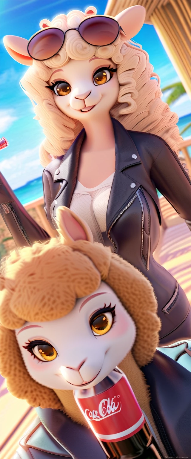 ((Masterpiece, top quality, high resolution)), ((extremely detailed CG unified 8K wallpaper)), An alpaca women in leather jackets drinking Coke from bottles, their beautiful white curly hair shining in the sunlight, wearing round sunglasses and smiling happily at the camera, a tourist attraction with a view of the ocean,