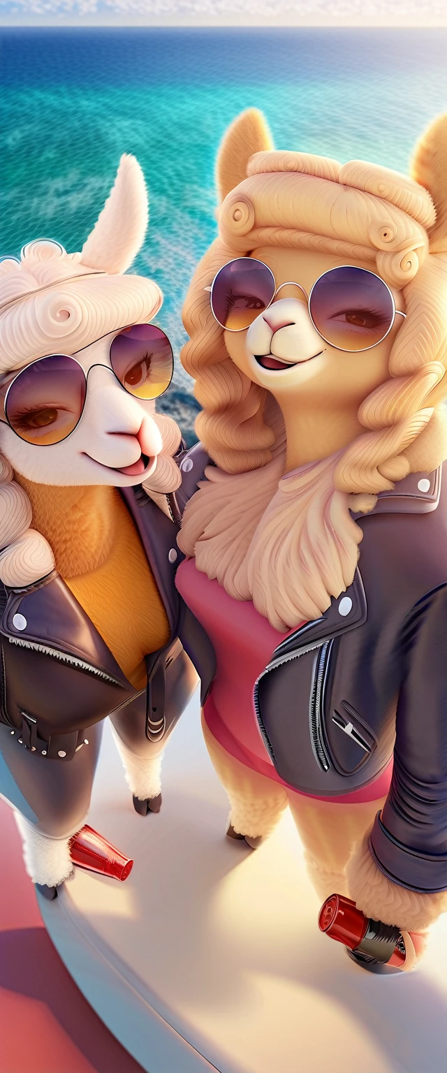 ((Masterpiece, top quality, high resolution)), ((extremely detailed CG unified 8K wallpaper)), An alpaca women in leather jackets drinking Coke from bottles, their beautiful white curly hair shining in the sunlight, wearing round sunglasses and smiling happily at the camera, a tourist attraction with a view of the ocean,
