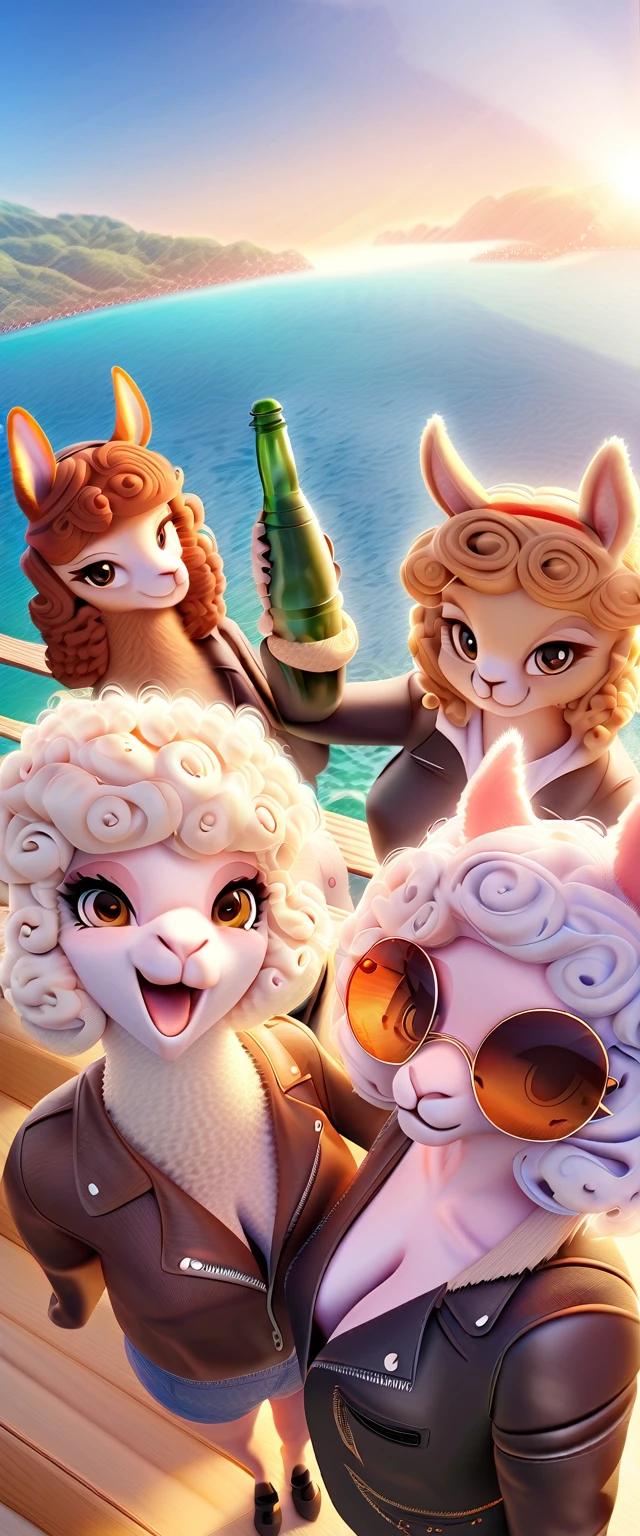 ((Masterpiece, top quality, high resolution)), ((extremely detailed CG unified 8K wallpaper)), (huge stunning goddess shot, very hot and sexy, jaw dropping beauty, perfect proportions, beautiful body, slim body beauty), Anthropomorphic alpaca women in leather jackets drinking Coke from bottles, their beautiful white curly hair shining in the sunlight, wearing round sunglasses and smiling happily at the camera, a tourist attraction with a view of the ocean,