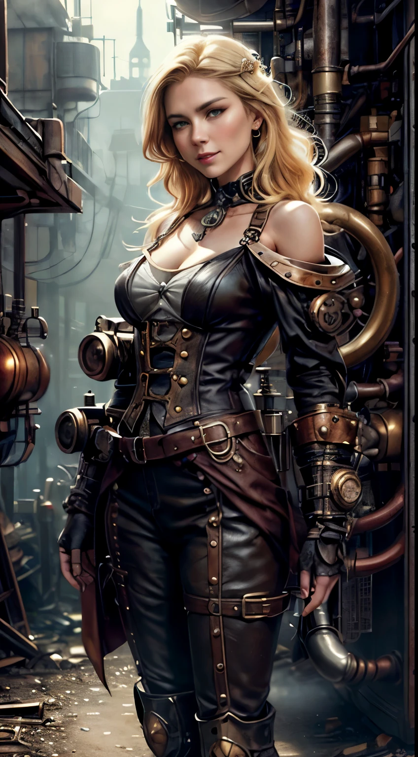 (comic book style),(line drawing_anime),(cowboy shot, highest quality, ),(Laura Budd Photo:1.2),(Laura Add Details:1.0),8k, flat color:0.8,1 girl,smile、(Highly decorative and complex mechanical steampunk fashion, lace flare dolphin hat、goggles 1.5、machinery background、Gear background、complex mechanized steampunk factory、1.5)