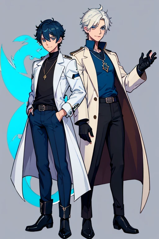 male, brown short hair, blue eyes, (((1boy))), (((white coat with blue trim))), (black long sleeve v-neck t-shirt), (necklace with dragon head pendant), (black pants with blue trim), (black boots), (black fingerless gloves), long legs, smiling, single person