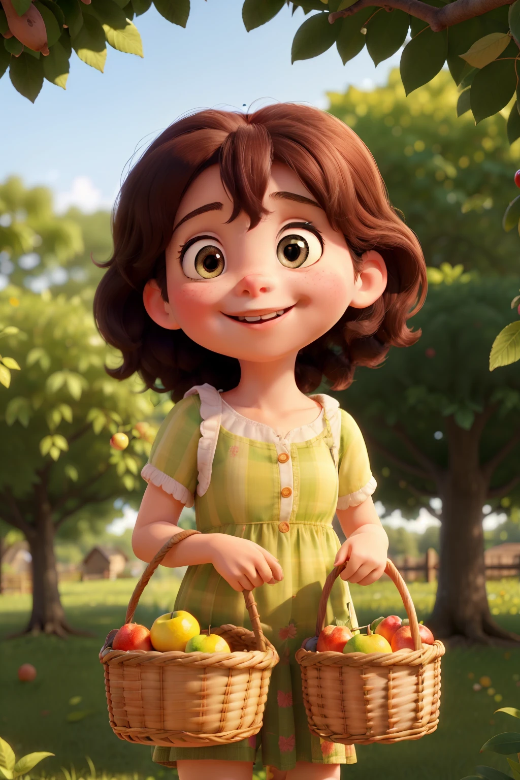A delightful short cartoon girl, with rosy cheeks and bright, curious eyes, is happily engaging in the task of picking ripe, juicy fruits from a bountiful tree in a lush, vibrant orchard. The sun casts a warm glow over the scene, its golden rays filtering through the leaves, illuminating the girl's cheerful face. The tree's branches bend gracefully under the weight of the fruit, each one glistening with the promise of sweetness. The girl's basket steadily fills with vibrant, colorful produce as she continues her work, a satisfied smile playing on her lips. The gentle rustle of leaves and the melodic sound of