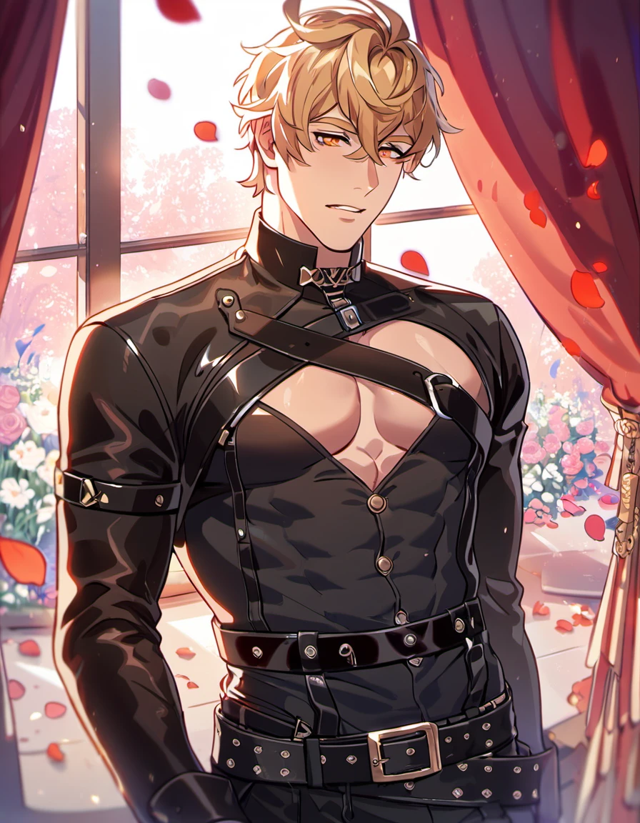absurdres, highres, ultra detailed, HDR, master piece, best quality, Quincy, blond messy short hair, expressive orange eyes, Nu Carnival, solo, sexy man, handsome, small tight black leather shirt, black leather coat, belt around his chest,window, red curtains, petals, flowers