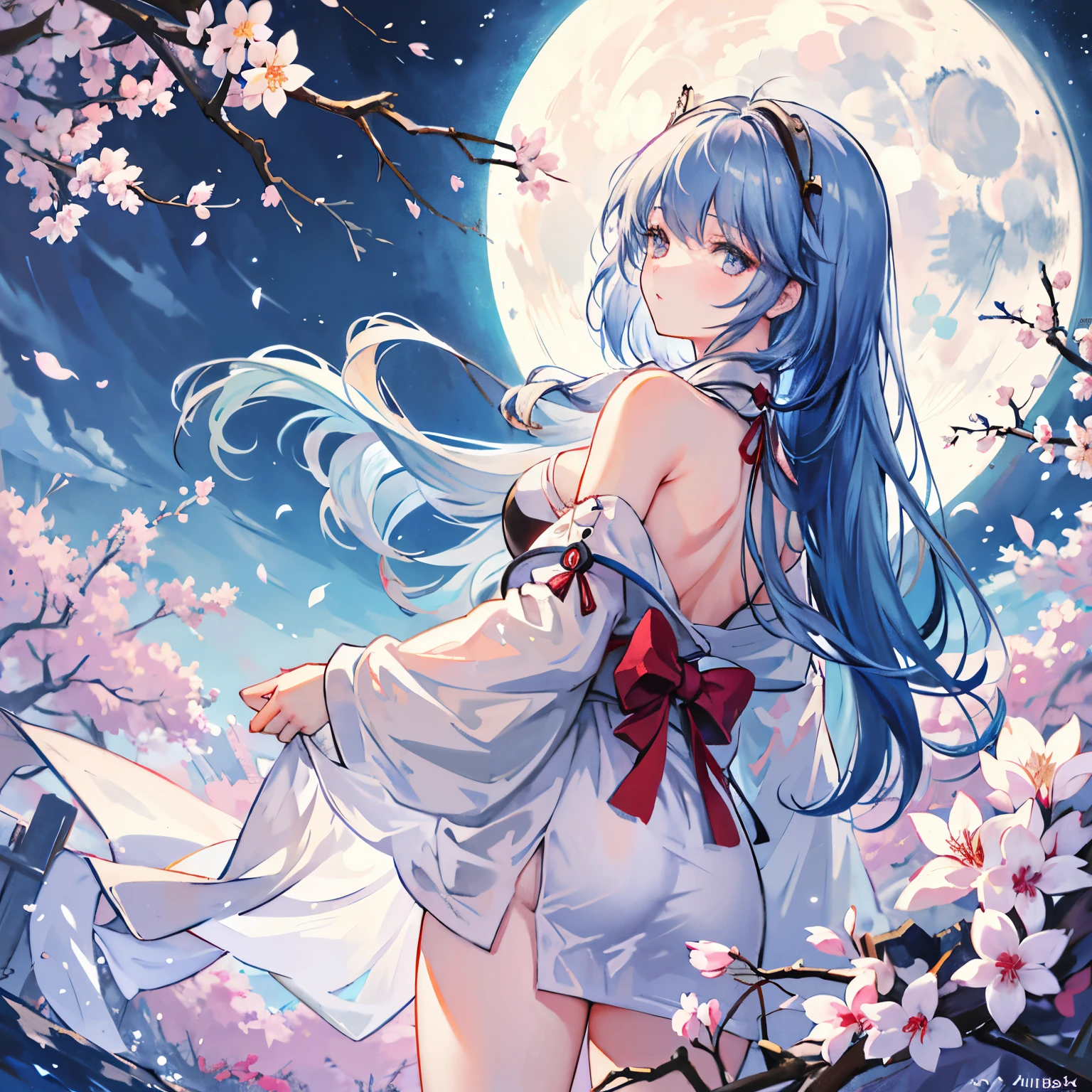 (1girl), Rei Ayanami, (in a thoughtful pose), chastity belt (*intricately designed*), pussy dripping (*subtly suggested*) in the night, anime style (*stylized and expressive*),

(low angle), from behind,
(moonlit garden), cherry blossoms in full bloom,
(Rei's long, wavy hair cascades down her back),
(moon reflecting off her glass eyes),
(detailed background with winding canal and traditional buildings),
(serene and peaceful atmosphere),

(best quality), masterpiece,
(Delicate details on Rei's red kimono