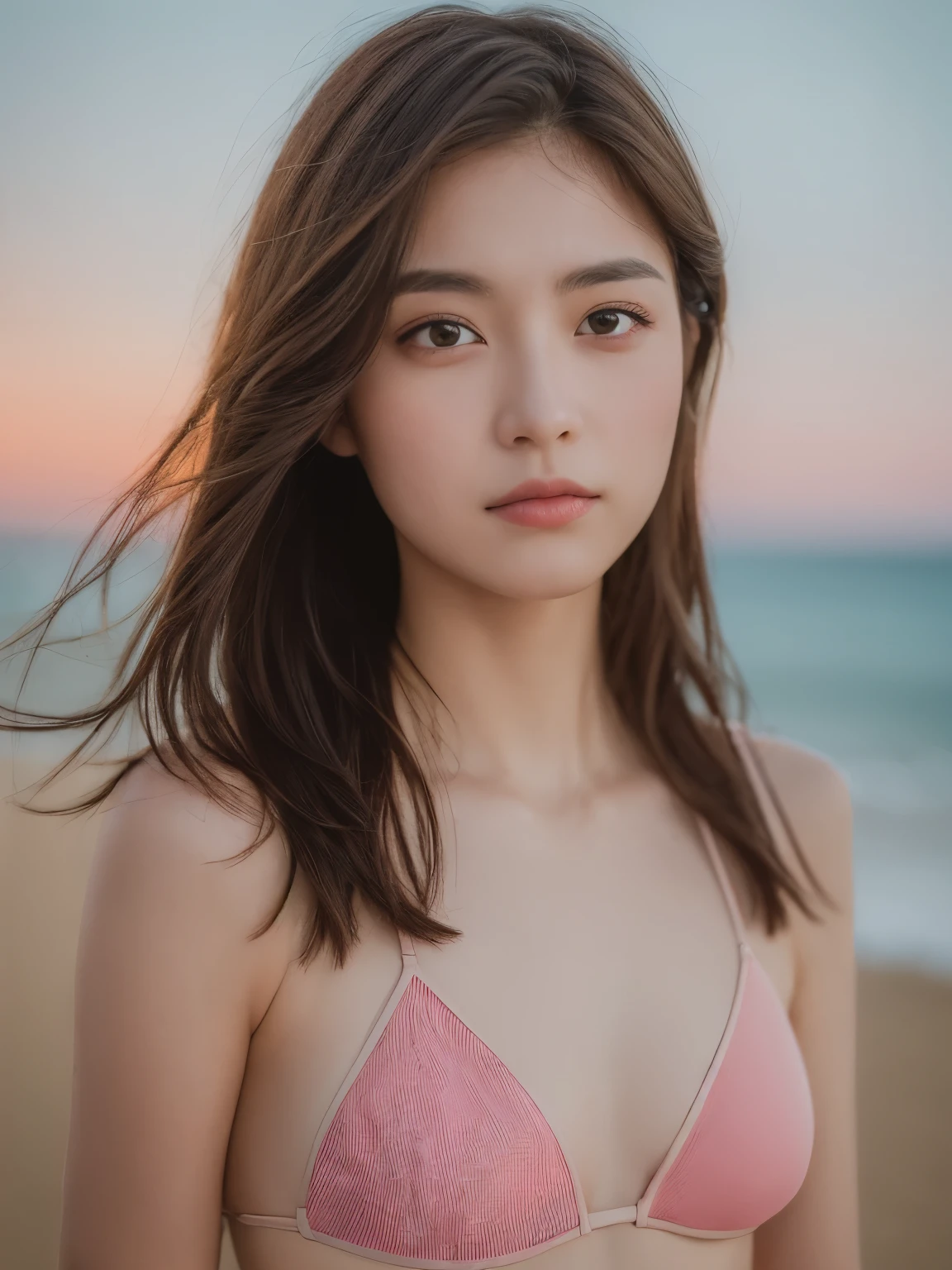 ((highest quality, 8K, masterpiece: 1.3)), Clear focus: 1.2, 1 Girl, Perfect figure: 1.4, Slim Abs: 1.1, ((Dark brown hair)),Pink camouflage ??????, (Outdoor, noon: 1.1), blurry beach background, Super Fine Face, Fine grain, double eyelid、Closed Mouth