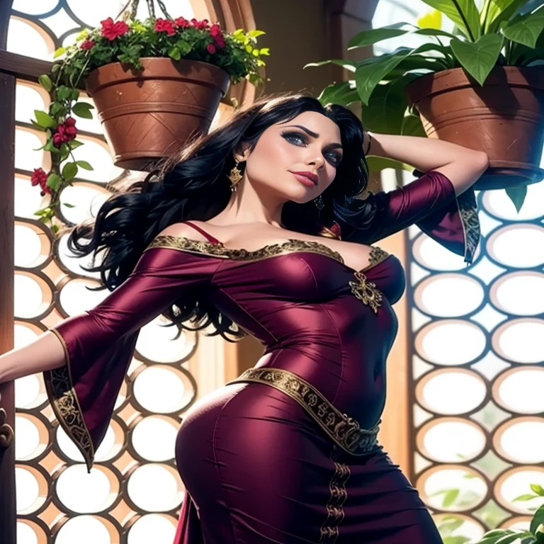 Masterpiece, best quality, detailed face, perfect eyes, Mother Gothel, long red dress, black hair, cleavage, looking at viewer, sexy smirk, next to a window with potted plants, close up