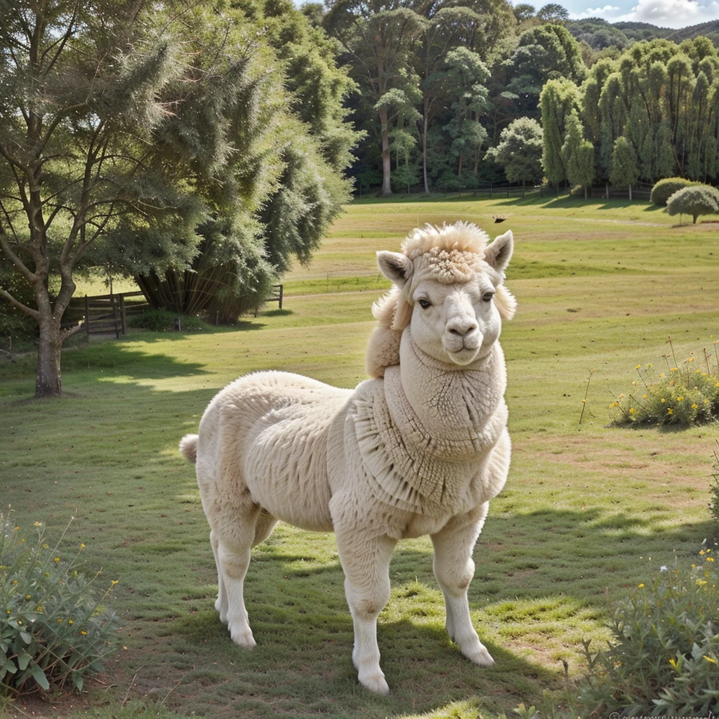 a fluffy alpaca,soft woolly coat,long graceful neck,expressive eyes and eyelashes,dainty ears,tufted head,majestic presence,standing in a lush green field,under a clear blue sky,bathed in warm sunlight,peaceful and serene atmosphere,beautiful natural landscape,highres image with vivid colors,photorealistic rendering,detailed fur texture,subtle shadows and highlights,highlighting the alpaca's natural beauty,fine art painting style,accentuating the alpaca's elegance,organic color palette with earth tones,warm and inviting lighting,illuminating the alpaca's features with a soft glow.