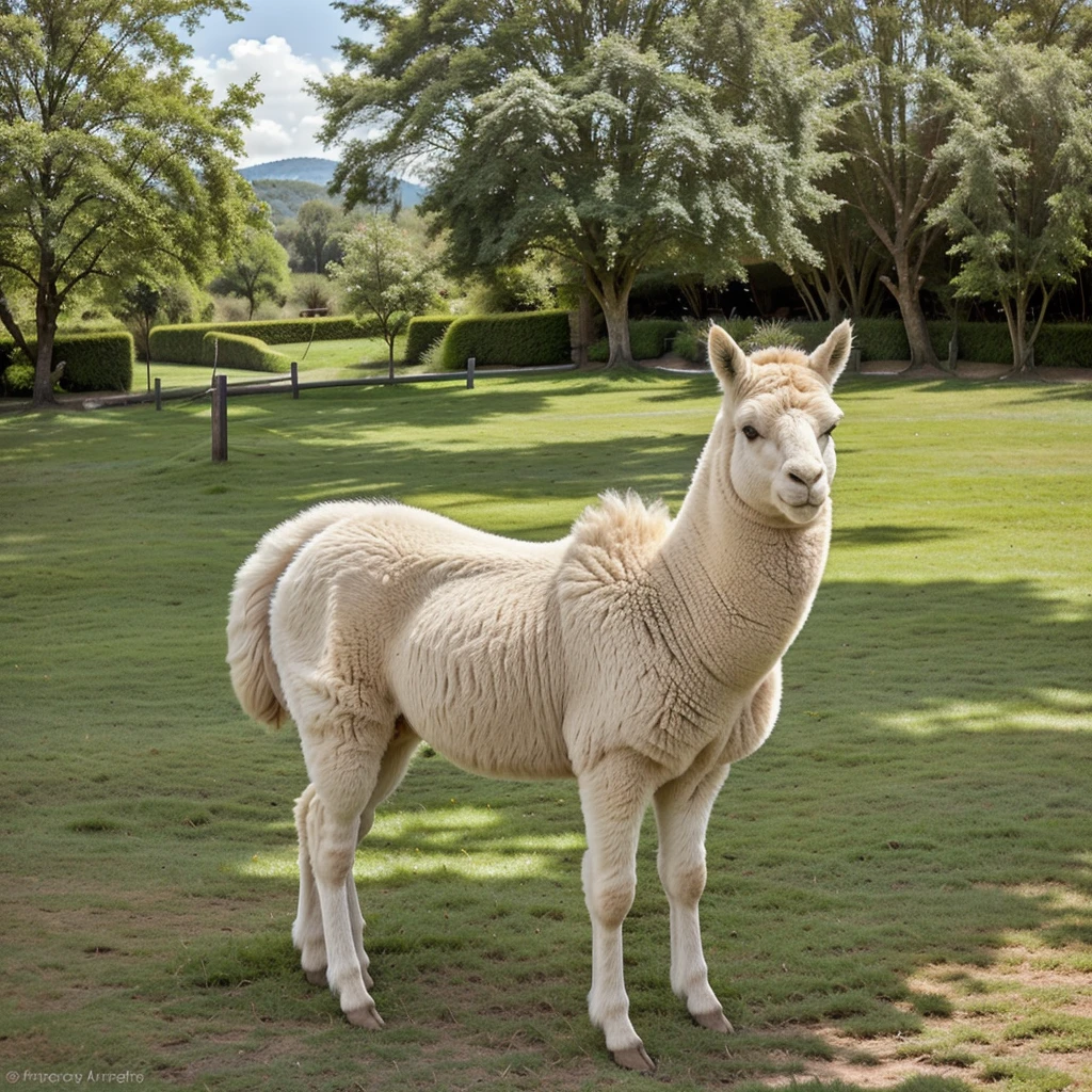 a fluffy alpaca,soft woolly coat,long graceful neck,expressive eyes and eyelashes,dainty ears,tufted head,majestic presence,standing in a lush green field,under a clear blue sky,bathed in warm sunlight,peaceful and serene atmosphere,beautiful natural landscape,highres image with vivid colors,photorealistic rendering,detailed fur texture,subtle shadows and highlights,highlighting the alpaca's natural beauty,fine art painting style,accentuating the alpaca's elegance,organic color palette with earth tones,warm and inviting lighting,illuminating the alpaca's features with a soft glow.