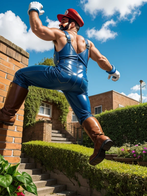 one italian man (muscle arms, big belly, mostache, hairy, eyes detail, thick and defined eyebrows) wearing a cosplay mario bros in blue leather overalls (latex), red and green hat, white gloves, brown boots. pose (fan, funny, dynamic, jump, strongers, play, love, happiness, look back). fondo (brick stairs, carnivorous plant, many gold coins floating, blue sky) style realistic, perfect detail, outstanding contrast.