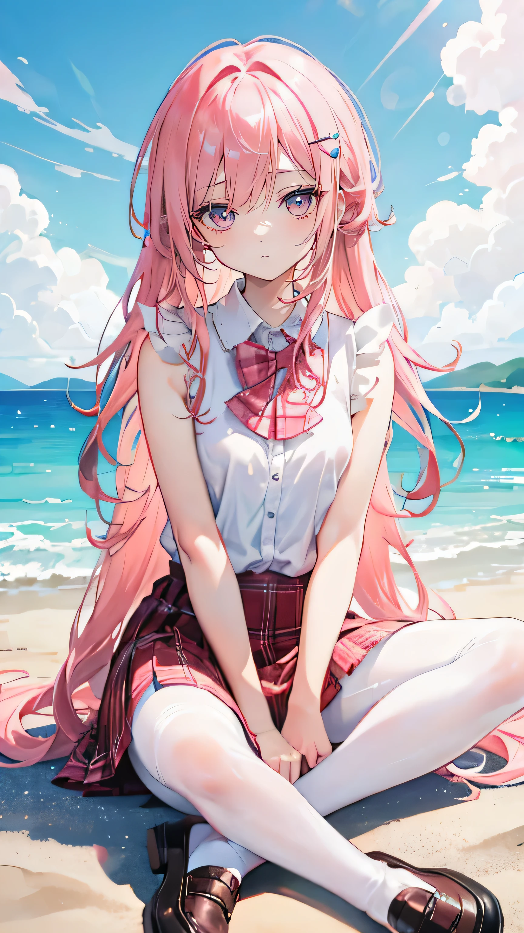 Coral pink hair，Long hair，hair over one eye，Gray eyes，feather hair ornament，cute，Girl，Plaid skirt，Small leather shoes，White silk pantyhose，whole body，sit on the floor，Don't show your arms，The background is the beach，Blue sky and white clouds