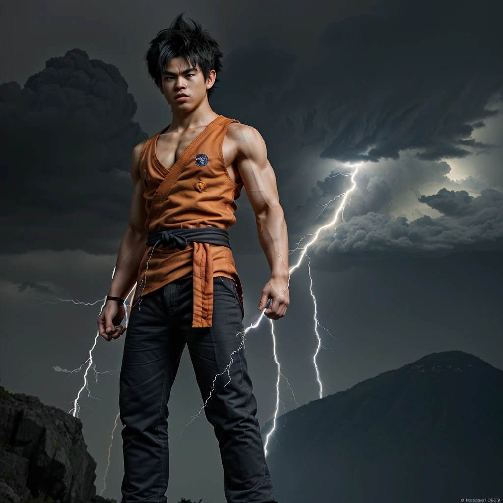 son goku in 30 years old , very detailed , with some lightning arround the body