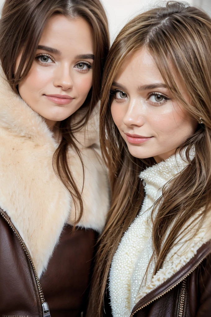 Professional photograph, best quality, 8K, hyper detailed, half body, A close up portrait of two gorgeous, beautiful, wonderful women, argentinian and russian females together posing for the camera, both women have super long hair, argentinian girl has brown hair and russian girl has dark blonde hair, the both of them are wearing winter clothing, both girls are wearing leather jackets. Both women are wonderful, dream, ethereal, timeless, majestic beauties from Argentina and Russia, they're glad, smiling and enjoying taking a picture