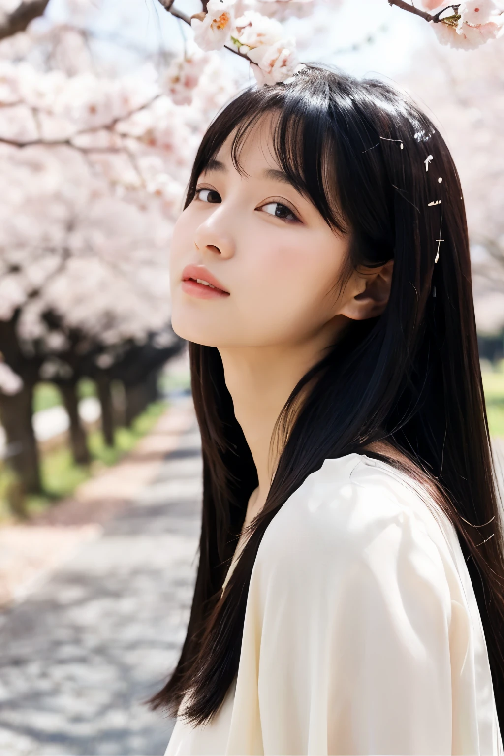 Young woman, skin color, whites of eyes, large、Expressive, black hair、Straight hair slightly longer than shoulder length, calm and gentle expression, perfect face, cherry blossom trees and road in the background, slightly looking up
