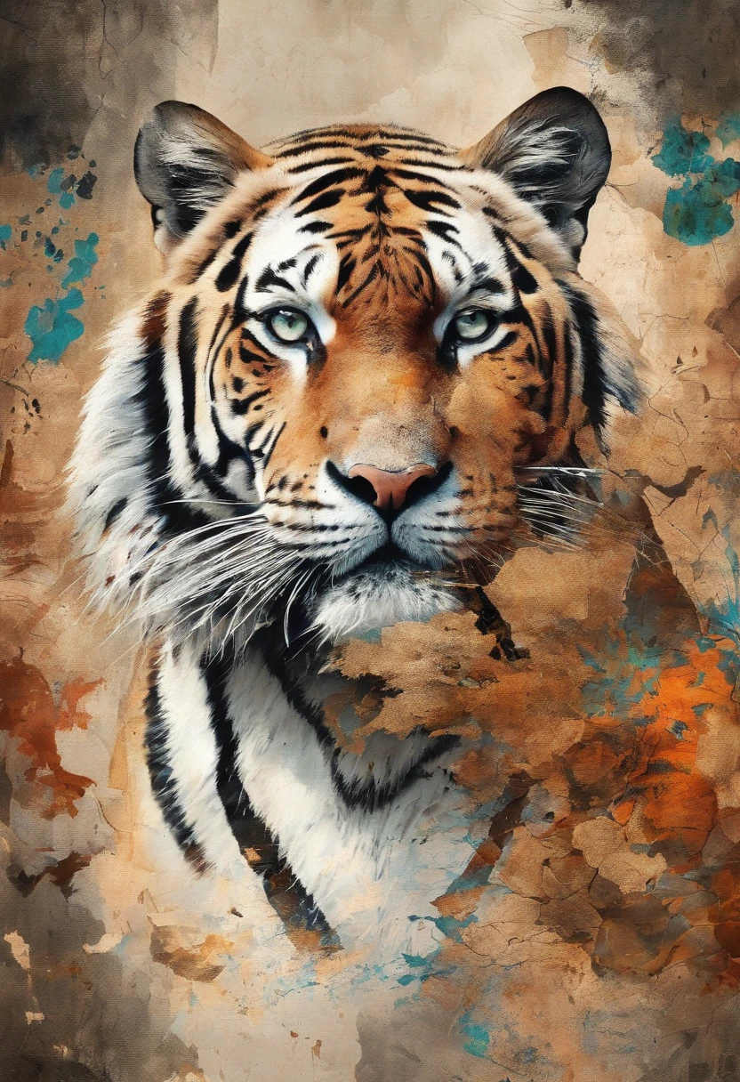 Tigre blanc feulant, burnt earth background ::2 colorful ink painting ::2 art fantasy