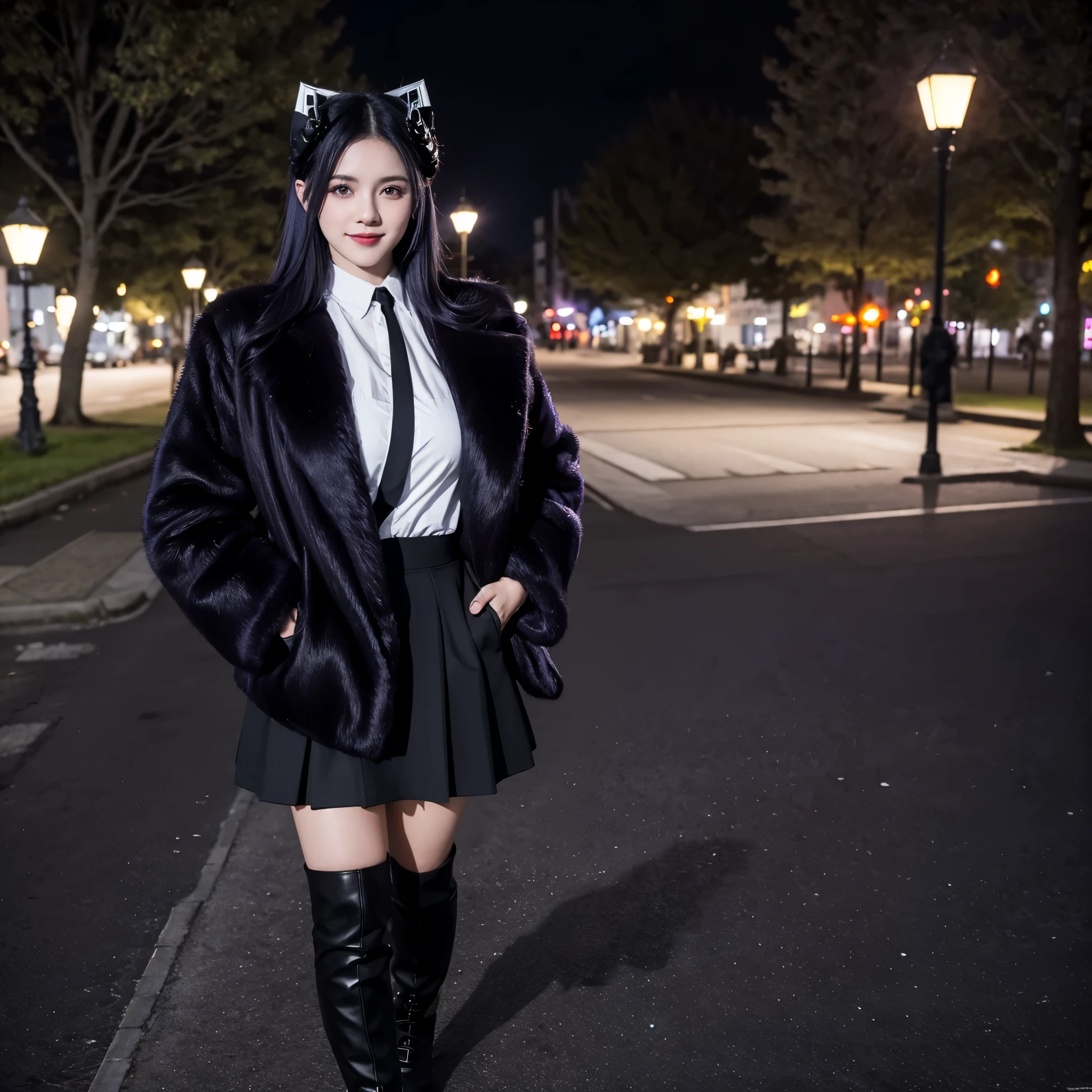 Woman wearing dark violet fur coat, white shirt, black skirt, dark purple hair, purple eyes, cold boots, walking in a park at night, with street lights. trees, overlooking a city, smiling, big breasts, horns,,HDR, ultra resolution, well defined, masterpiece, 8K HD. (solo woman)
