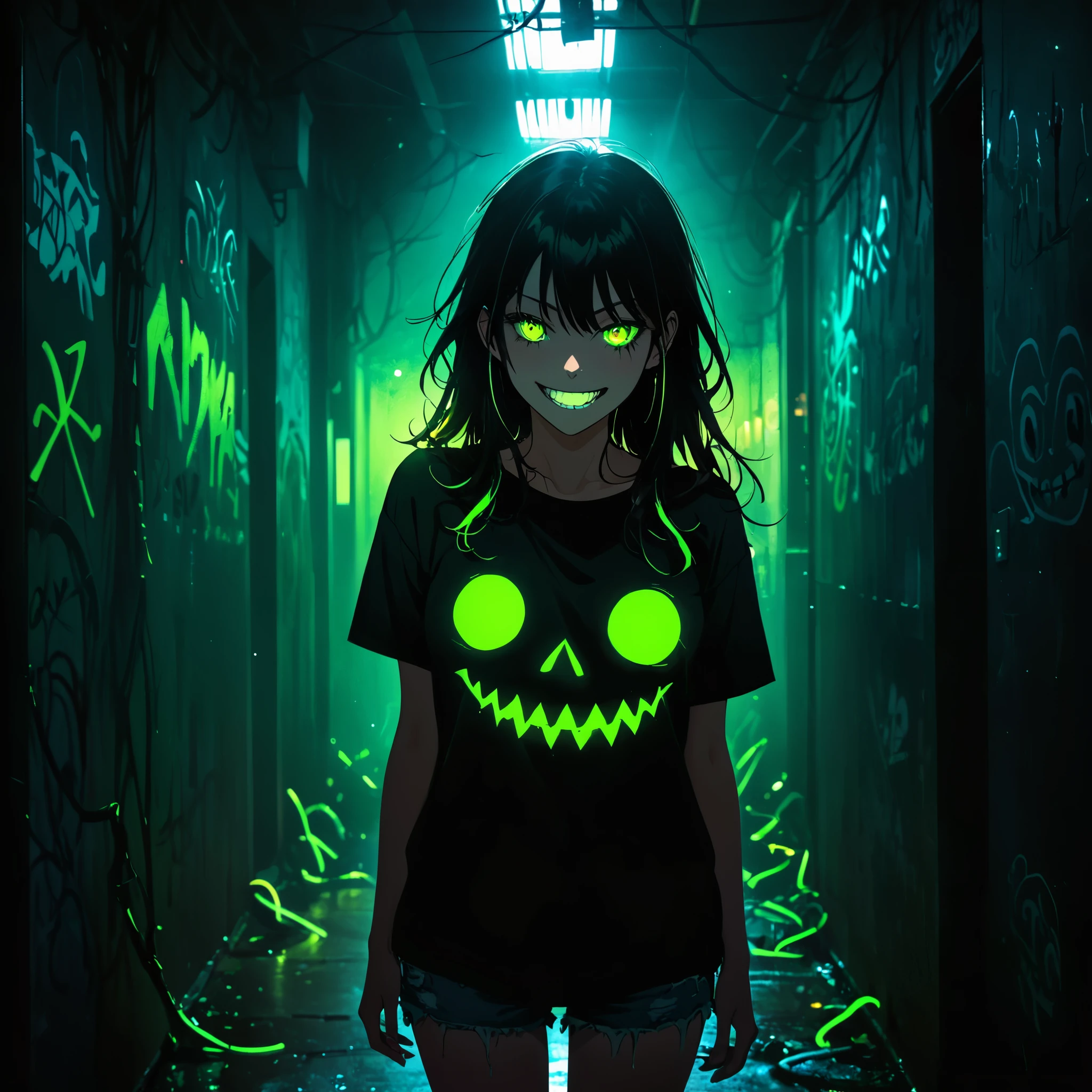 (Portrait of a mysterious giant eye),indoor,Fluorescent illumination,(((Darkness shrouded))),Wall background,black background,silhouette,shadow,extreme darkness,Minimalist graffiti style background,Fluorescent green ploy Skull pattern graffiti,Dark atmosphere,cowboy shot,1girl,Oversized black T-shirt,Medium Breast,Waistless T-shirt,(underboob),blurred background,Blurred foreground,Green fluorescent hair,Fluorescent green eyes,Hand raised and touching hair,long hair,Messy hair,Low rise denim shorts,Over-the-knee boots,pink eye shadow,Ruined eyeshadow,(Vanishing point,Depth of Field,Background blur),(Vines Covered Foreground:10),Grin,Open your mouth,Devil smiley,middle finger,Shark Teeth,Dark and Edgy、Surrealist elements、expressive brushstrokes、dynamic composition。\extreme detail description