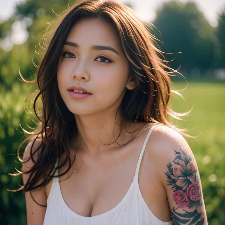 ((best quality, 8k, Masterpiece :1.3)), Sharp focus :1.2, 30 year old sexy woman Standing for a short news walk Long hair flows up and down with the wind. Has a sexy little smile Red tank top, very large breasts, soaked wet, white tattoos, bright colors, perfect body beauty.:Action action in front of the camera. Outdoors in the countryside, the sun near sunset sparkles., Highly detailed faces and textures, Detailed eyes, alone, Realistic photos:1.37 .. The fine texture of the tattooed skin.. hand tattoo. Chest tattoo , Shot with a high quality Fuji camera, color 45.,000,000 Chili Cell,