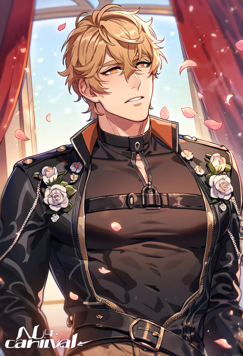 absurdres, highres, ultra detailed, HDR, master piece, best quality, Quincy, blond messy short hair, expressive orange eyes, Nu Carnival, solo, sexy man, handsome, small tight black leather shirt, black leather coat, belt around his chest,window, red curtains, petals, flowers