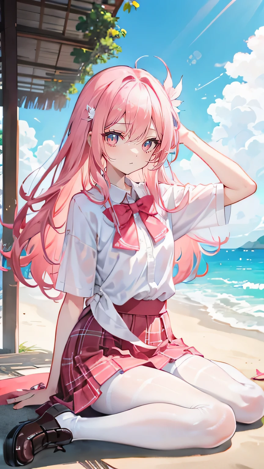 masterpiece, best quality,
1girl, view from below,
(lift up the plaid skirt:1.4), (summer school uniform:1.3), white ruffle bikini, pink hair, smile,
sandy beach,