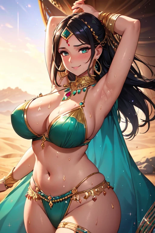 (High quality, High resolution, Fine details), Realistic, Arabian dancer, flowing and vibrant movements, intricate costume and jewelry, set against a mesmerizing desert backdrop, dynamic lighting, ethereal atmosphere, graceful and fluid choreography, solo, Curvy women, sparkling eyes, (Detailed eyes), (smile), (blush), (Sweat), (Oily skin), Shallow depth of field