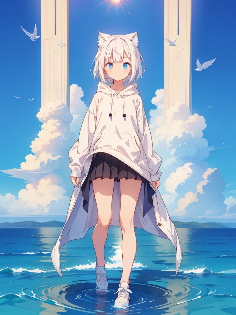 1girl、A simple long hoodie、Rib knit cuffs and hem、vtuber-fullbody、Milky white short hair、