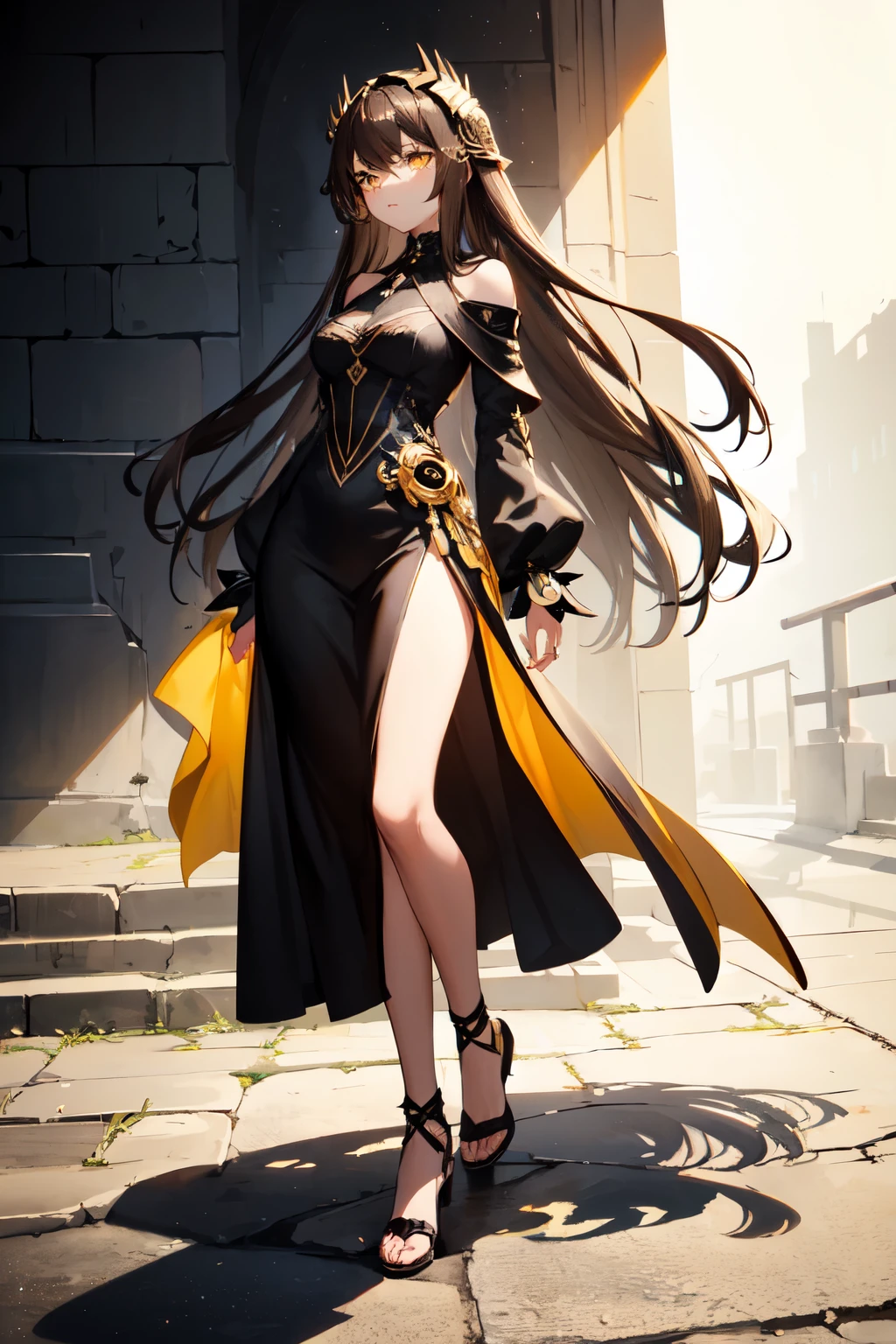 ((shadow goddess)), ((black long hair)), ((light brown yellow eyes)), ((dark black aura)), ((neat elegant black goddess dress)), ((front view))