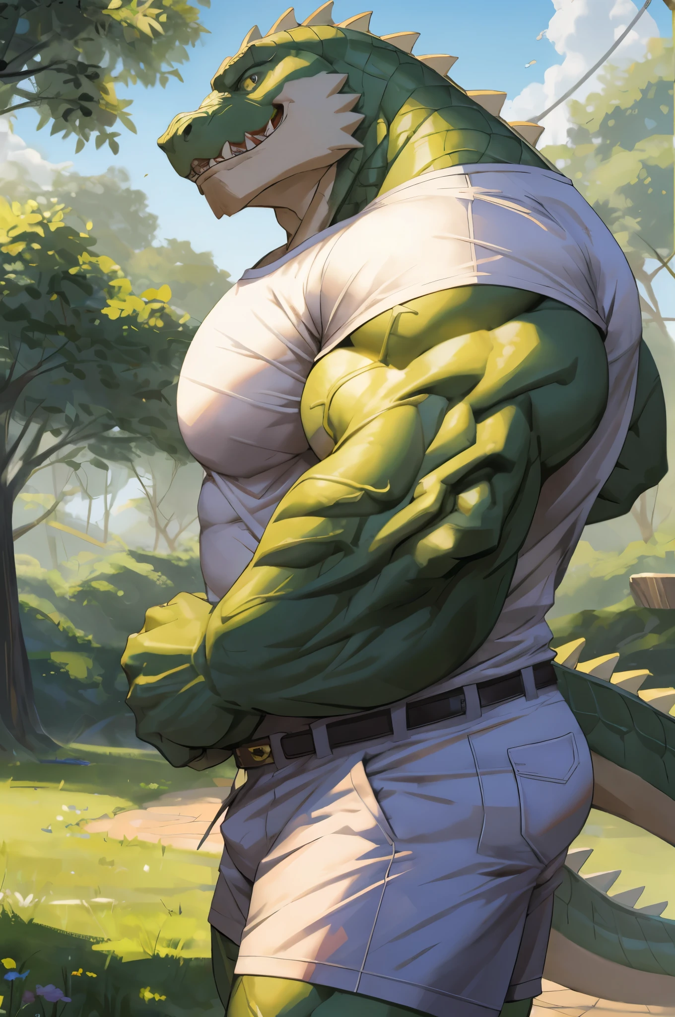 (best quality,4k,8k,highres,masterpiece:1.2),ultra-detailed,realistic:1.37,huge muscular furry crocodile wearing white shirt,white shorts,green crocodile skin,shirt with buttons,shirt with collar,shorts with pockets,ferocious expression,intense eyes,sharp teeth,long tail,scaly texture,lush green garden background,sturdy posture,strong arms,bulging muscles,bright colors,sharp focus,natural lighting,physically-based rendering,bokeh,portrait,creature,animal,artistic style