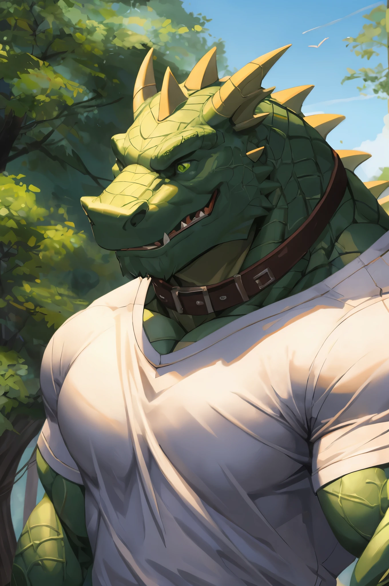 (best quality,4k,8k,highres,masterpiece:1.2),ultra-detailed,realistic:1.37,huge muscular furry crocodile wearing white shirt,white shorts,green crocodile skin,shirt with buttons,shirt with collar,shorts with pockets,ferocious expression,intense eyes,sharp teeth,long tail,scaly texture,lush green garden background,sturdy posture,strong arms,bulging muscles,bright colors,sharp focus,natural lighting,physically-based rendering,bokeh,portrait,creature,animal,artistic style