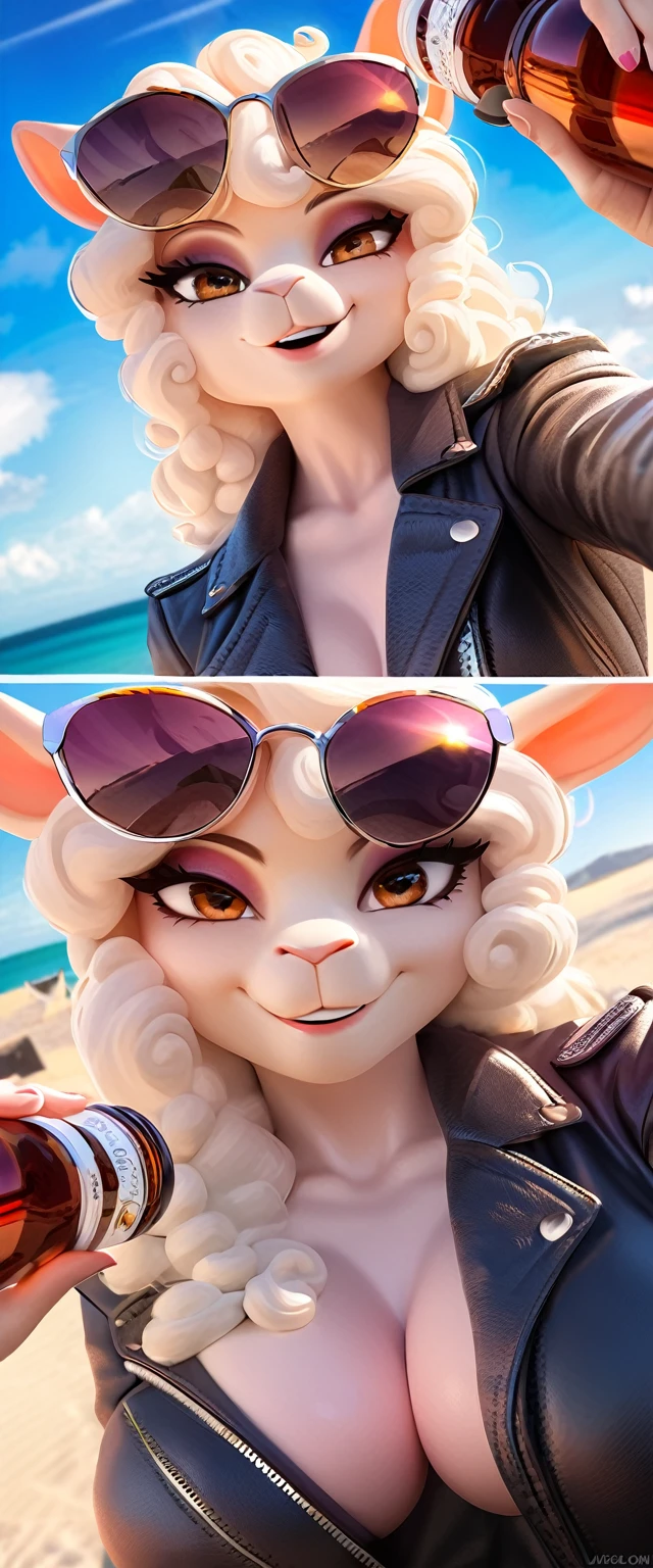 ((Masterpiece, top quality, high resolution)), ((extremely detailed CG unified 8K wallpaper)), An alpaca women in leather jackets drinking Coke from bottles, their beautiful white curly hair shining in the sunlight, wearing round sunglasses and smiling happily at the camera, a tourist attraction with a view of the ocean,