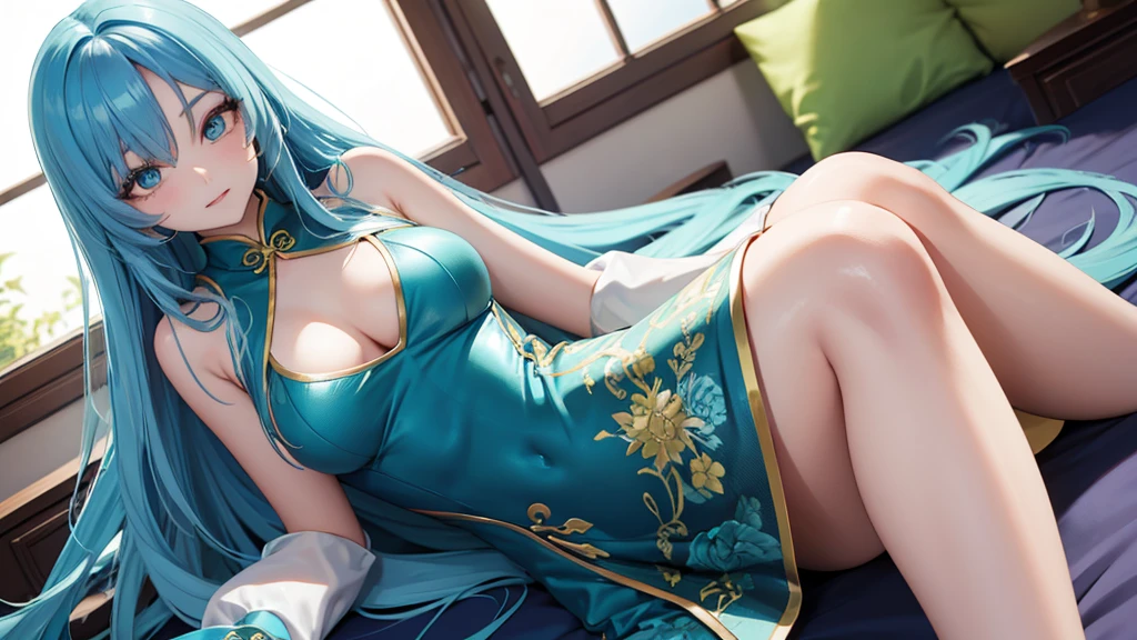 Long blue hair covering one eye,emerald eyes,Chestless cheongsam,Woman on top position