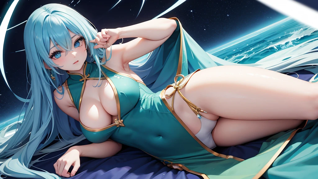 Long blue hair covering one eye,emerald eyes,Chestless cheongsam,Woman on top position