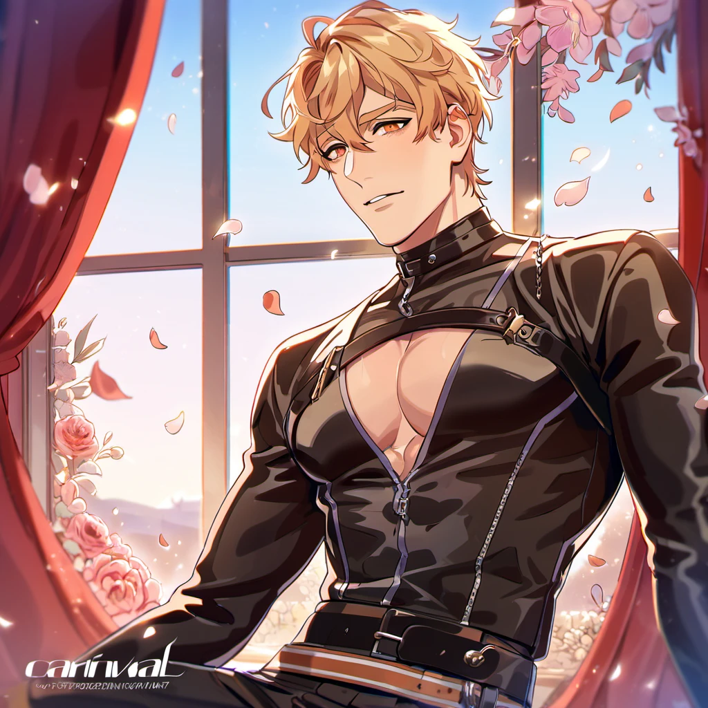 absurdres, highres, ultra detailed, HDR, master piece, best quality, Quincy, blond messy short hair, expressive orange eyes, Nu Carnival, solo, sexy man, handsome, small tight black leather shirt, black leather coat, belt around his chest,window, red curtains, petals, flowers