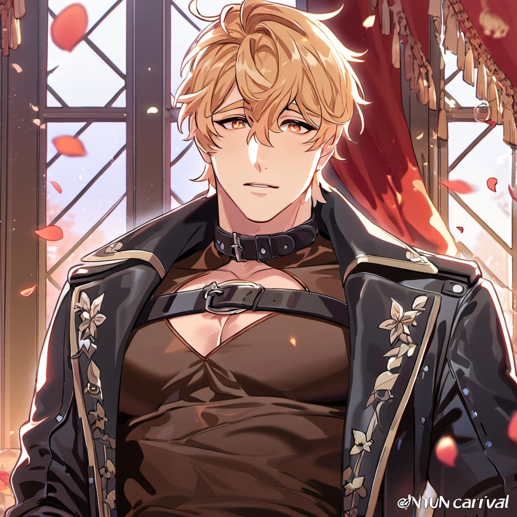 absurdres, highres, ultra detailed, HDR, master piece, best quality, Quincy, blond messy short hair, expressive orange eyes, Nu Carnival, solo, sexy man, handsome, small tight black leather shirt, black leather coat, belt around his chest,window, red curtains, petals, flowers