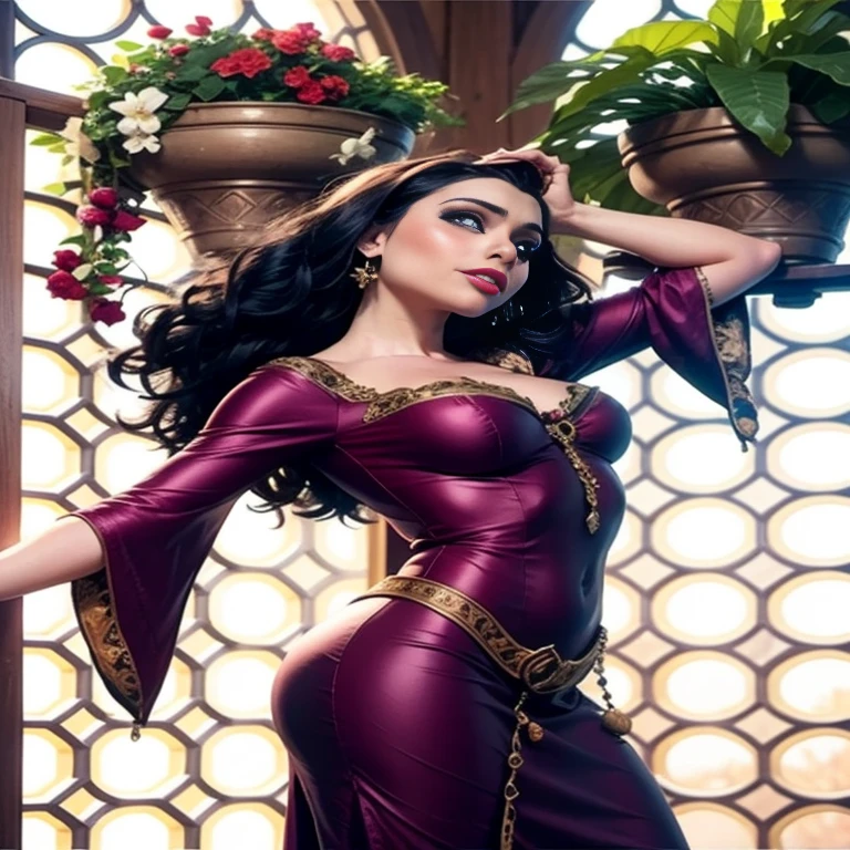 Masterpiece, best quality, detailed face, perfect eyes, Mother Gothel, long red dress, black hair, cleavage, looking at viewer, sexy smirk, next to a window with potted plants, close up