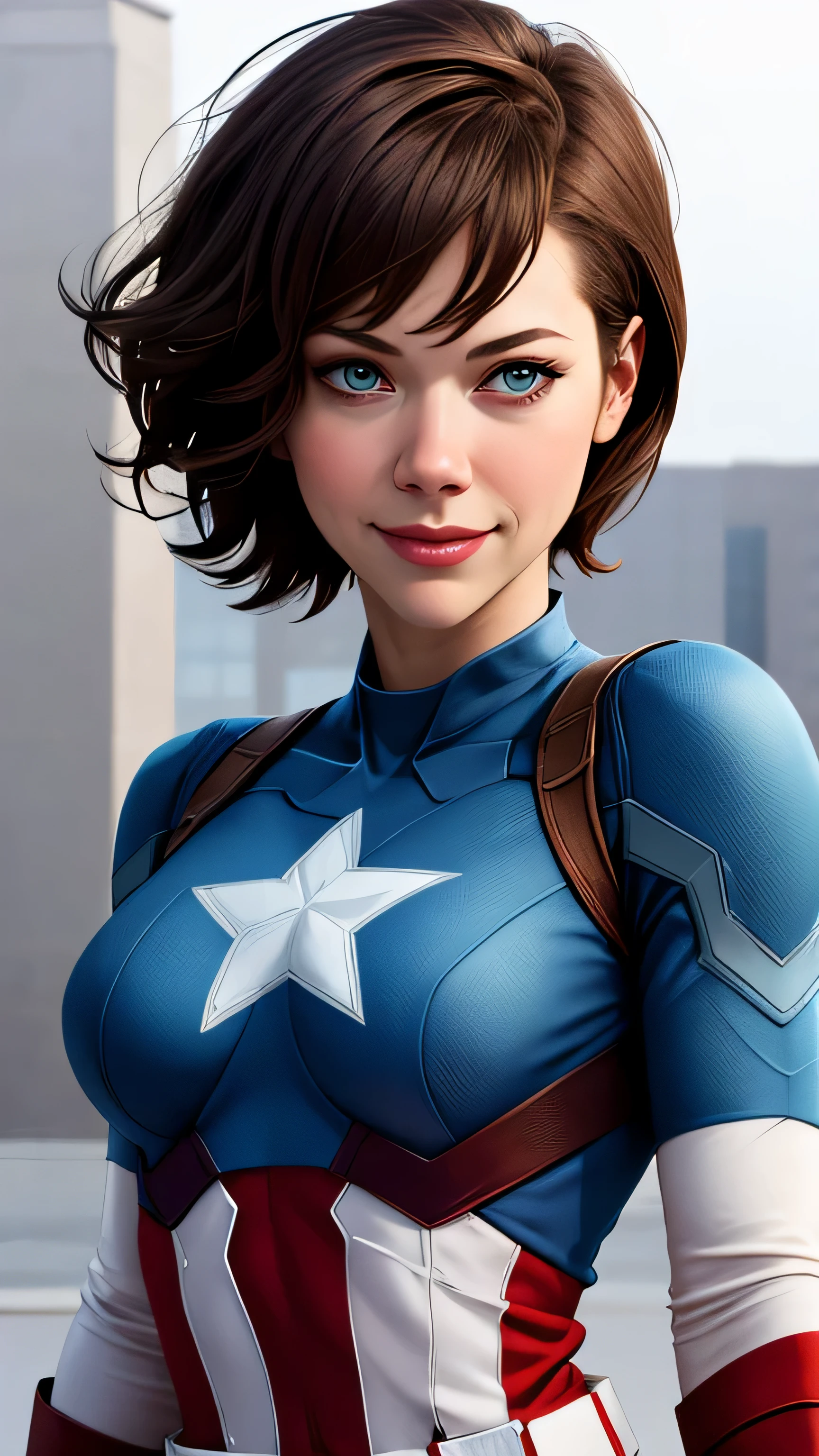 Elizabeth Winstead as Captain America , Age 21 , beautiful face , photography , seductive smile , white background , cool outfit , beautiful short hair